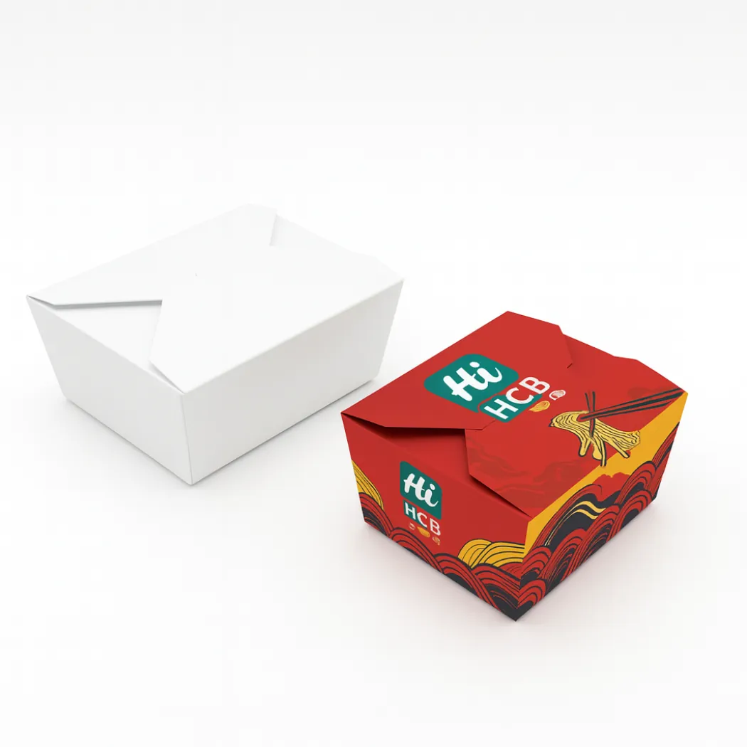 Two rectangular Chinese food boxes including a plain white version and a red patterned branded option- class=